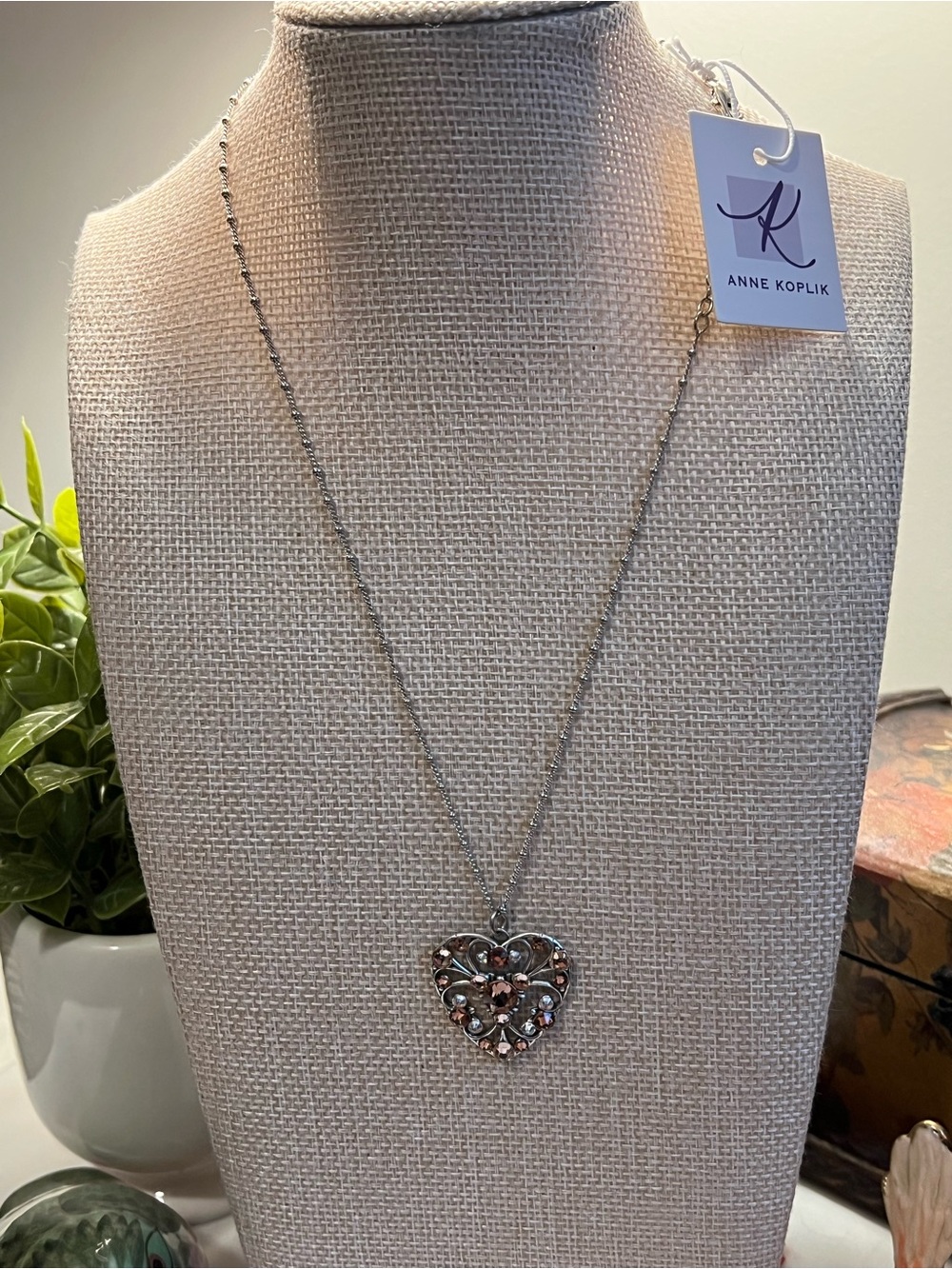 Anne Koplik Silver-Tone Heart Necklace with Pink Accent Stones